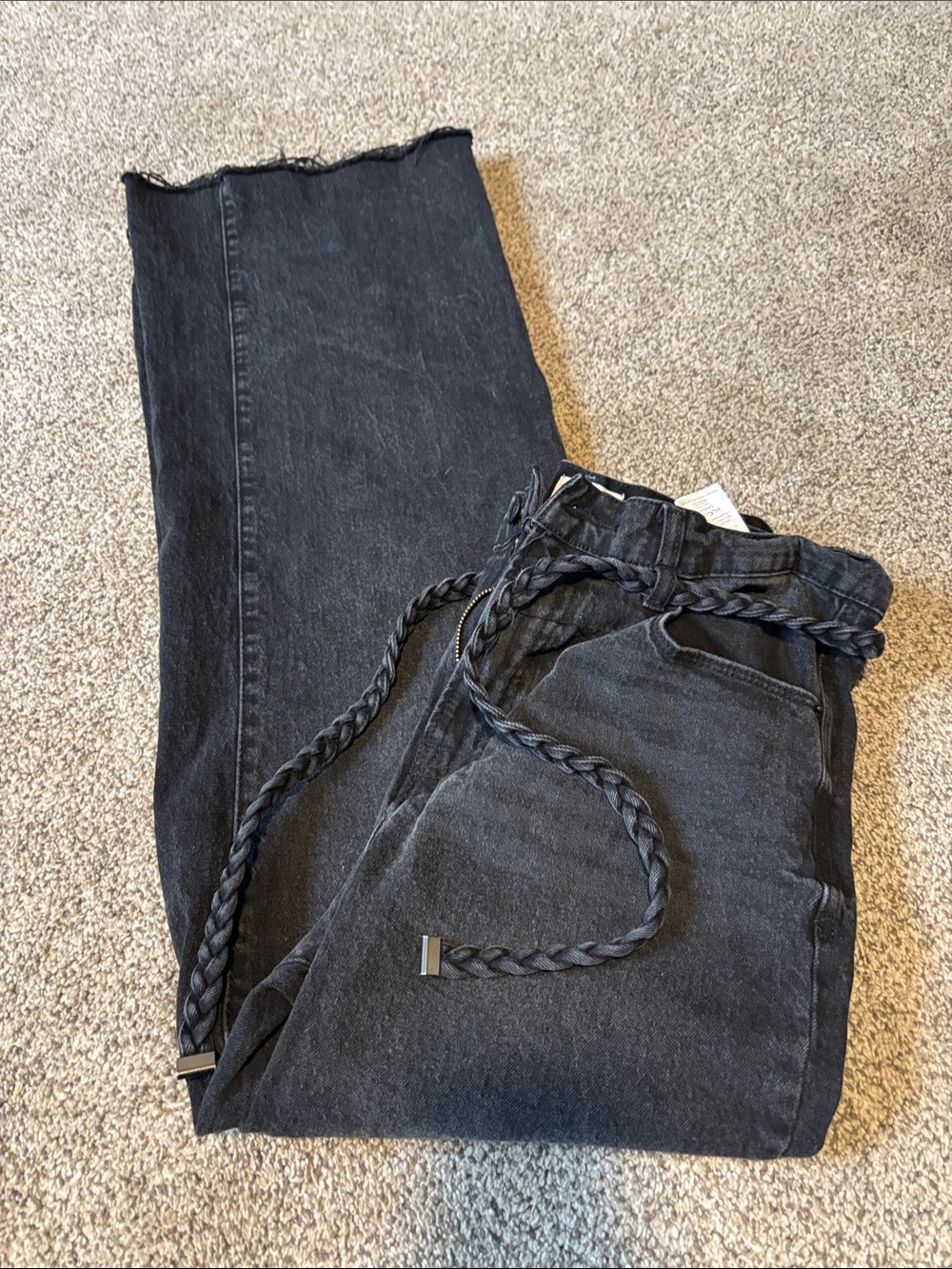 Kensie Black High-Waist Paperbag Jeans with Braided Belt